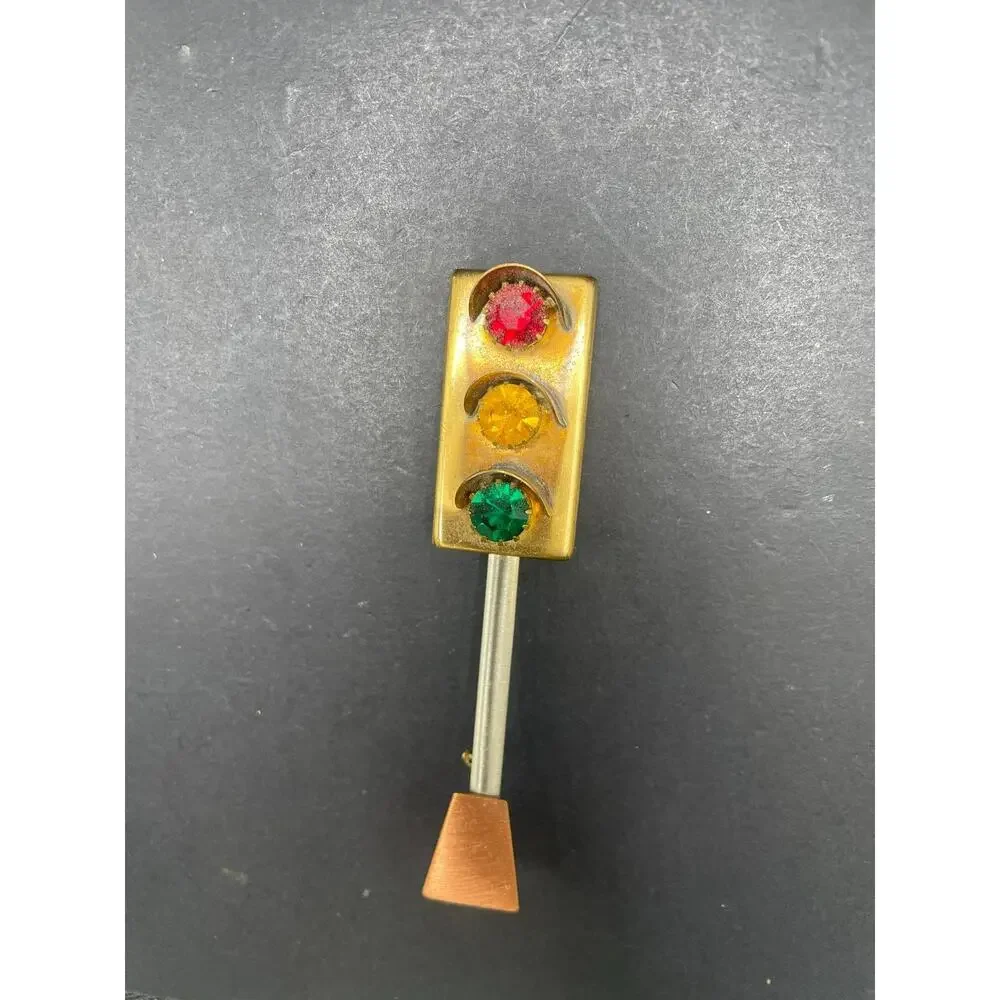 Vintage Traffic Light Stoplight Rhinestone Brooch Pin Gold Tone Red Yellow Green